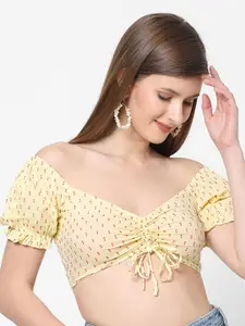 VASTRADO Women Yellow Print Off-Shoulder Cotton Bardot Crop Top