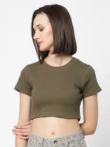 VASTRADO Olive Green Pure Cotton Knitted Crop Top