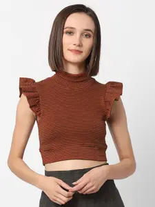 VASTRADO Rust Red Striped Pure Cotton Flutter Sleeves Knitted Crop Top