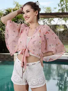 Sera Women Pink & Green Floral Printed Crop Tie-Up Shrug