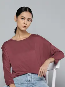 ether Women Burgundy Solid Drop-Shoulder Sleeves T-shirt