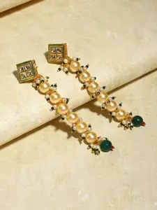 Ruby Raang Cream-Coloured & Green Gold Plated Kundan Studded Contemporary Drop Earrings
