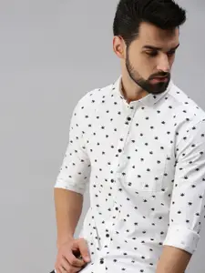SHOWOFF Men White & Navy Blue Premium Slim Fit Printed Cotton Oxford Casual Shirt