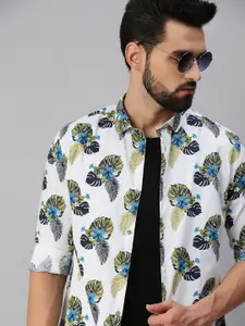SHOWOFF Men White Comfort Slim Fit Floral Printed Cotton Casual Shirt