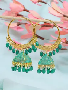 Crunchy Fashion Green Gold-Plated Dome Shaped Jhumkas Earrings