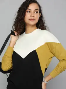 HERE&NOW Women Black & Mustard Yellow Round Neck Colourblocked Sweatshirt