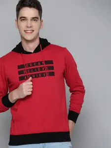HERE&NOW Men Red Typography Printed Hooded Sweatshirt
