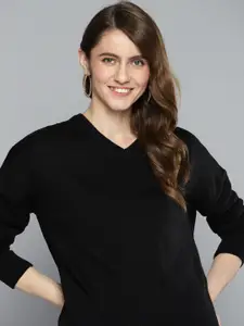HERE&NOW Women Black Solid V-Neck Pullover with Sheen Detail
