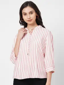 Kraus Jeans Peach-Coloured Striped Mandarin Collar Shirt Style Top