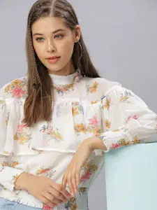 SHOWOFF Off White Floral Print Ruffles Georgette Top