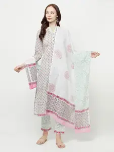 Safaa White & Green Printed Unstitched Dress Material