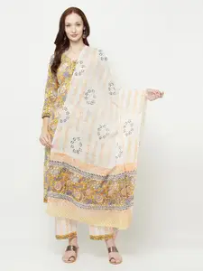 Safaa Beige & White Printed Unstitched Dress Material