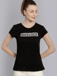 Free Authority Women Black Sherlock Featured Shortsleev T-shirt