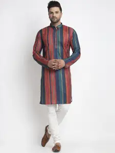 Kaifoo Men Multicoloured Striped Angrakha Kurta with Pyjamas