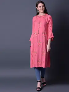 Ziva Fashion Women Pink Geometric Striped Flared Sleeves Thread Work Kurta
