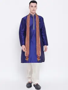 SG LEMAN Men Blue Embroidered Layered Raw Silk Kurta with Churidar & With Dupatta