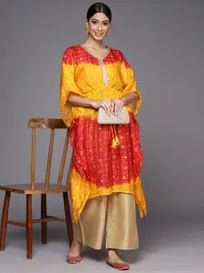 Varanga Women Yellow & Orange Bandhani Print Kimono Sleeves Ombre Jacquard Kaftan Kurta