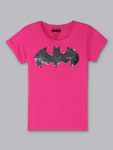 Kids Ville Girls Pink Batgirl Printed Round Neck Sequin Tshirt