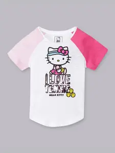 Kids Ville Girls White Hello Kitty Printed Drop-Shoulder Sleeves Applique T-shirt