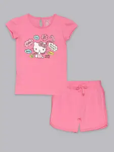 Kids Ville Girls Pink Hello Kitty Printed Pure Cotton T-shirt with Shorts