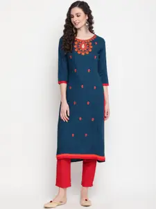 KIMAYRA Women Teal Ethnic Motifs Embroidered Flared Sleeves Thread Work Kurta