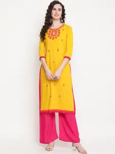 KIMAYRA Women Mustard Yellow Ethnic Motifs Embroidered Thread Work Kurta