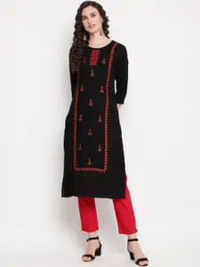 KIMAYRA Women Black & Pink Ethnic Motifs Embroidered Kurta