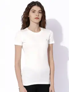 Aeropostale Women White Solid Round Neck Pure Cotton T-shirt