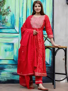 KAAJH KAAJH Women Red Ethnic Motifs Embroidered Pure Cotton Kurta with Skirt & With Dupatta