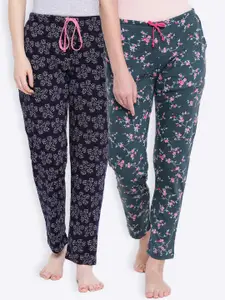 Kanvin Women Pack of 2 Navy Blue & Green Printed Cotton Lounge Pants