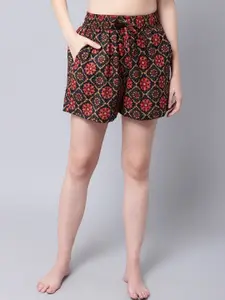 TAG 7 Women Black & Red Printed Cotton Lounge Shorts
