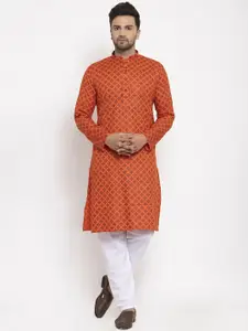 KRAFT INDIA Men Orange & White Cotton Printed Kurta with Pyjamas