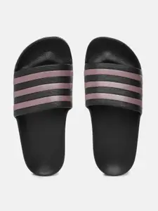 ADIDAS Women Black & Purple Striped Adilette Aqua Sliders
