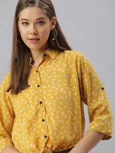 SHOWOFF Women Mustard Yellow Comfort Regular Fit Floral Printed Casual Shirt