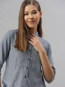 SHOWOFF Women Navy Blue Relaxed Striped Casual Shirt