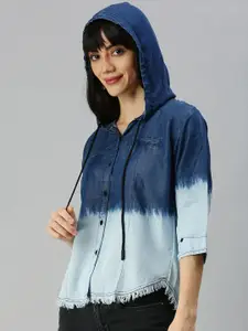 SHOWOFF Women Blue Relaxed Faded Regular Fit Ombre Hooded Casual Shirt