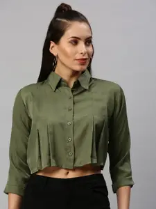 SHOWOFF Women Olive Green Comfort Boxy Casual Shirt