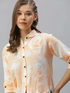 SHOWOFF Women Peach-Coloured Comfort Boxy Printed Cotton Casual Shirt