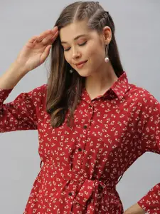 SHOWOFF Women Red Comfort Slim Fit Floral Printed Casual Shirt