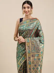 Mitera Teal & Golden Ethnic Motifs Zari Silk Blend Saree