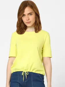Vero Moda Women Yellow Solid Front Cotton Tie Up T-shirt