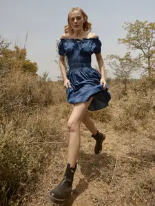 StyleStone Blue Off-Shoulder Smocked Denim Dress