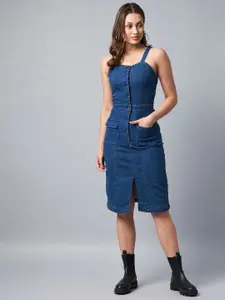 StyleStone Blue Cotton Denim Sheath Midi Dress