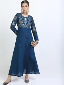 Vishudh Teal Ethnic Motifs Keyhole Neck Ethnic Maxi Dress