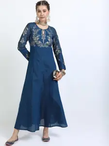 Vishudh Teal Ethnic Motifs Keyhole Neck Ethnic Maxi Dress