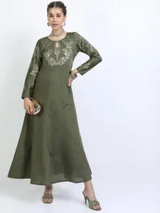 Vishudh Olive Green Floral Keyhole Neck Ethnic Maxi Dress