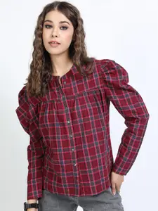 Tokyo Talkies Maroon Checked Puffed Sleeve Shirt Style Top