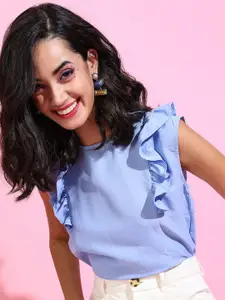 Tokyo Talkies Blue Ruffles Crepe Top