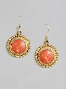 RICHEERA Gold-Toned & Orange Circular Drop Earrings