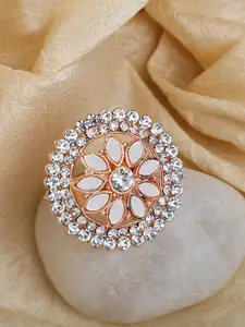 Bhana Fashion Rose Gold-Plated White Stone Studded Mirror Adjustable Finger Ring